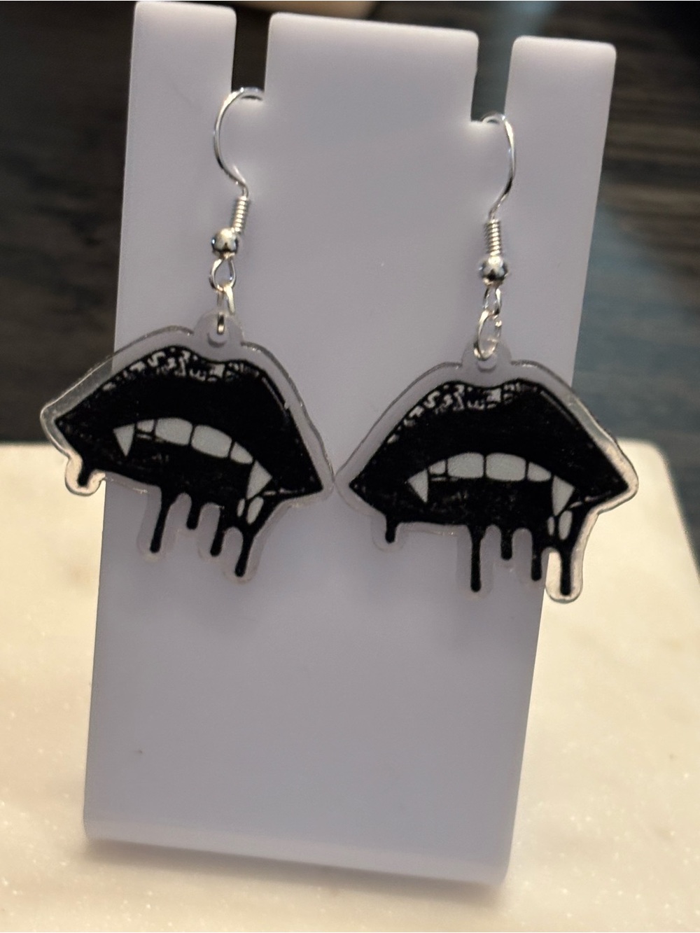 Title: Vampire Lips Acrylic Dangle Earrings | Fangs + Blood Drip | Silver Hooks